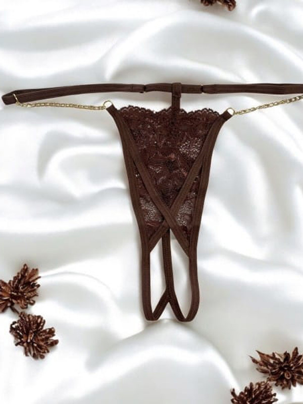 String Ouvert Avec Chainettes Dorées Marron Les marques sexy Be Lily by Look Me Oh! Darling